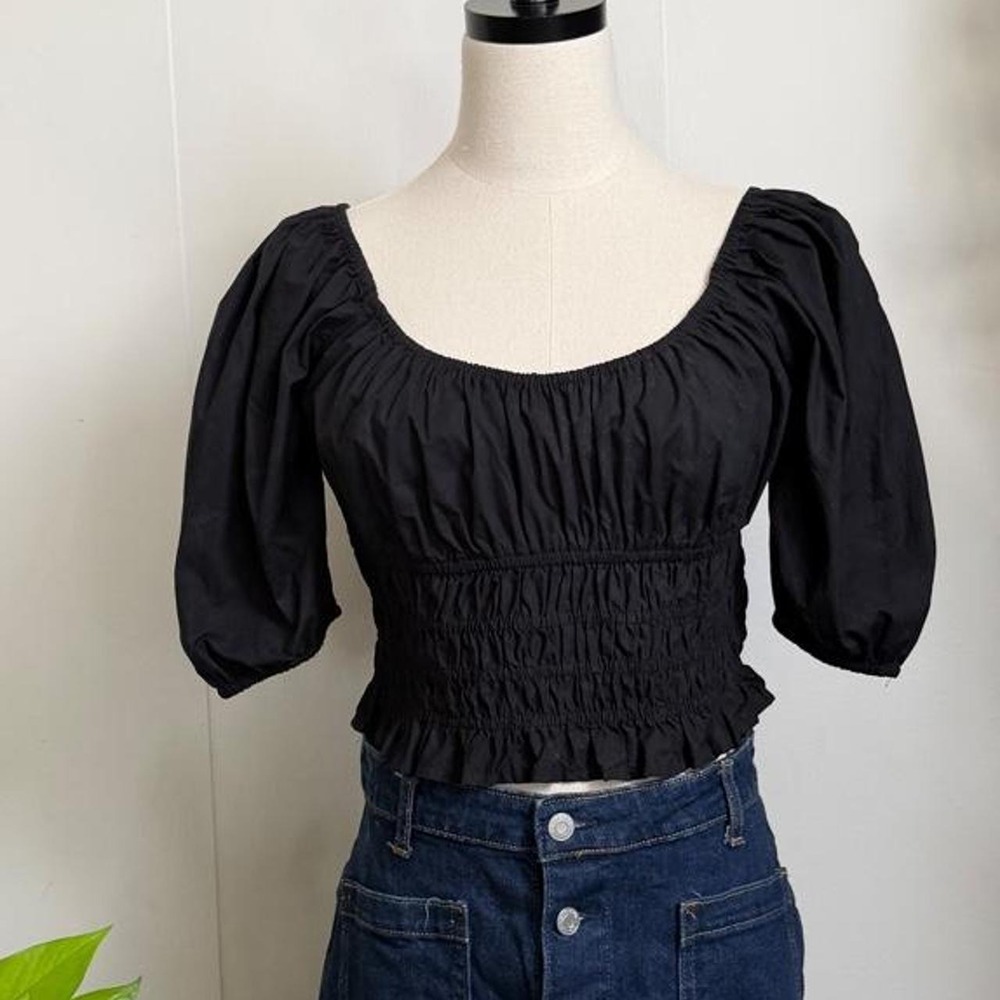 American Eagle Black Cotton Milkmaid Scoop Neck Puffy Sleeve Crop Top Small